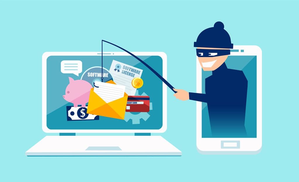 An illustration of a criminal using a fishing pole to gather sensitive data from a computer.