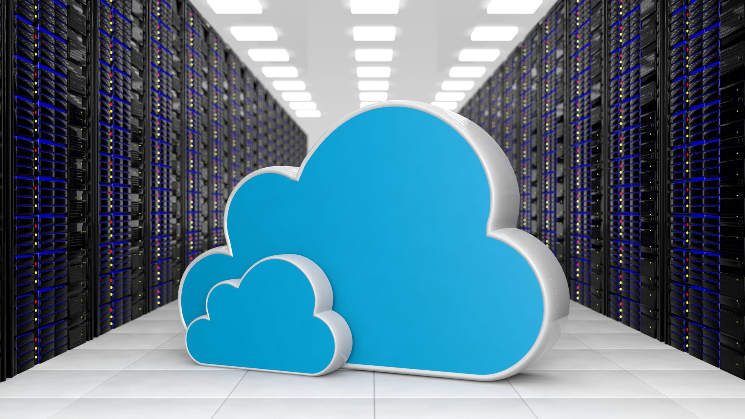 a data center with two cloud storage symbols on the floor