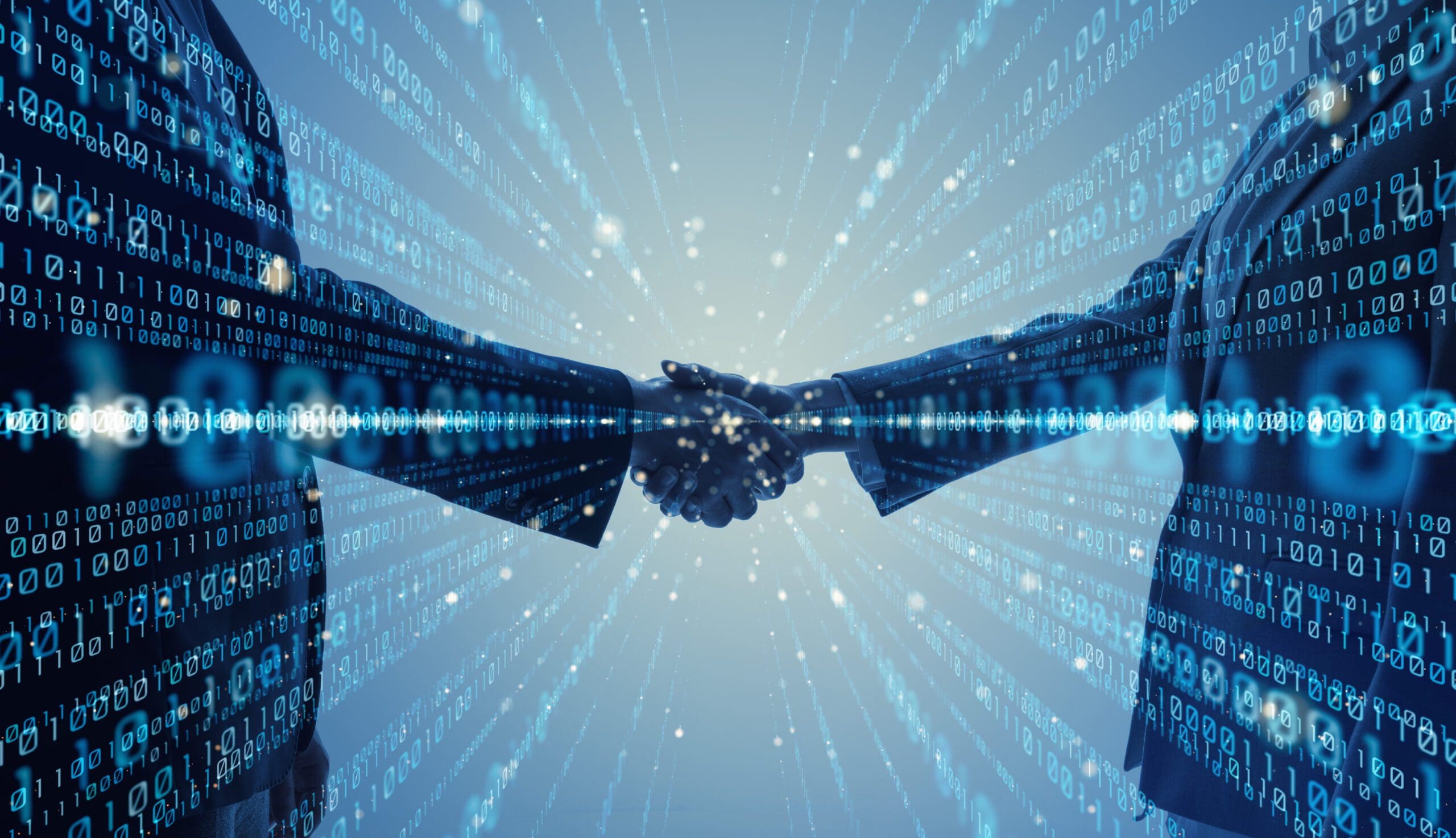 Two men shaking hand with a binary pattern overlayed on the image.