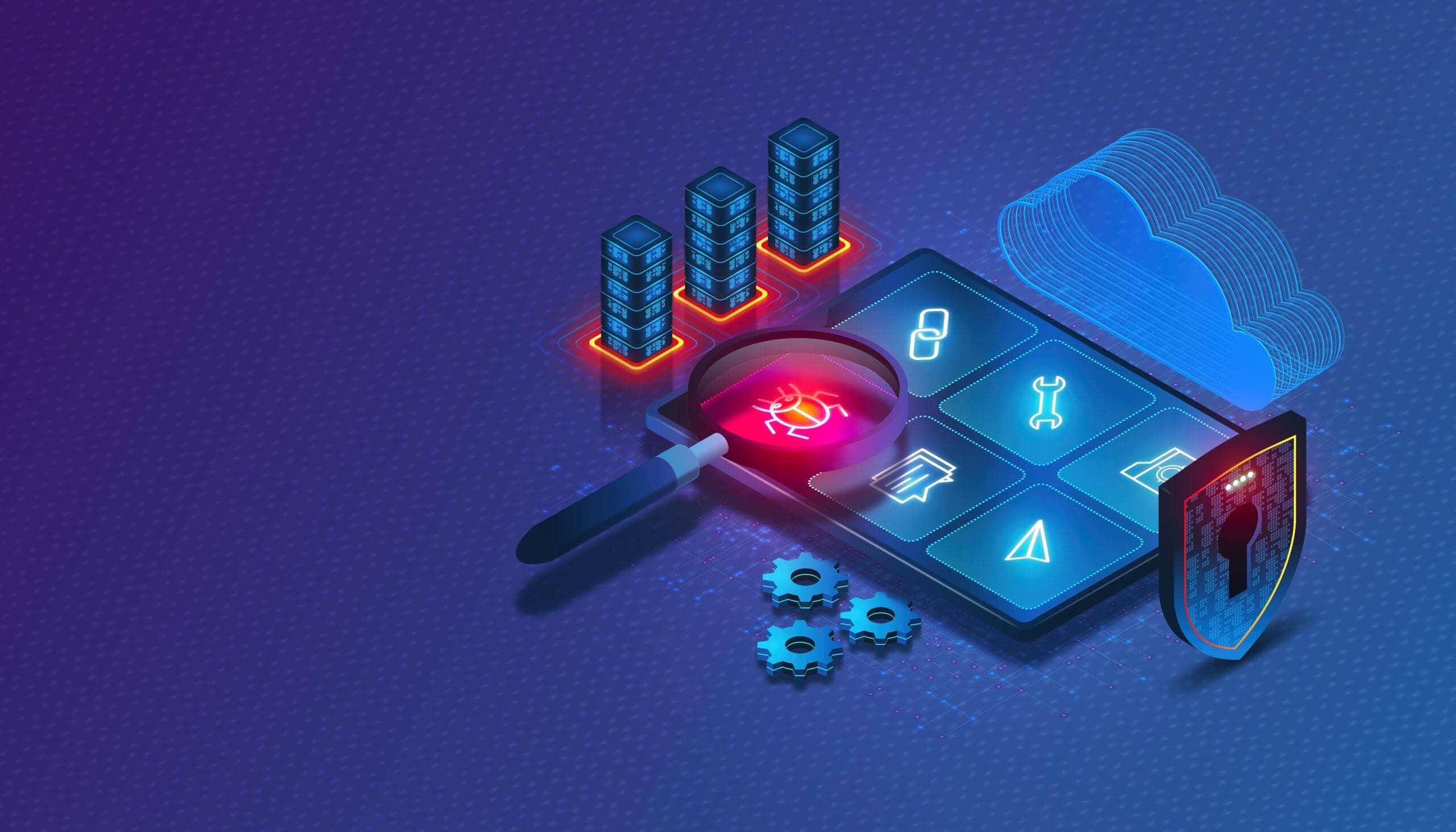 Vulnerability testing concept with magnifying glass scanning systems for vulnerabilities