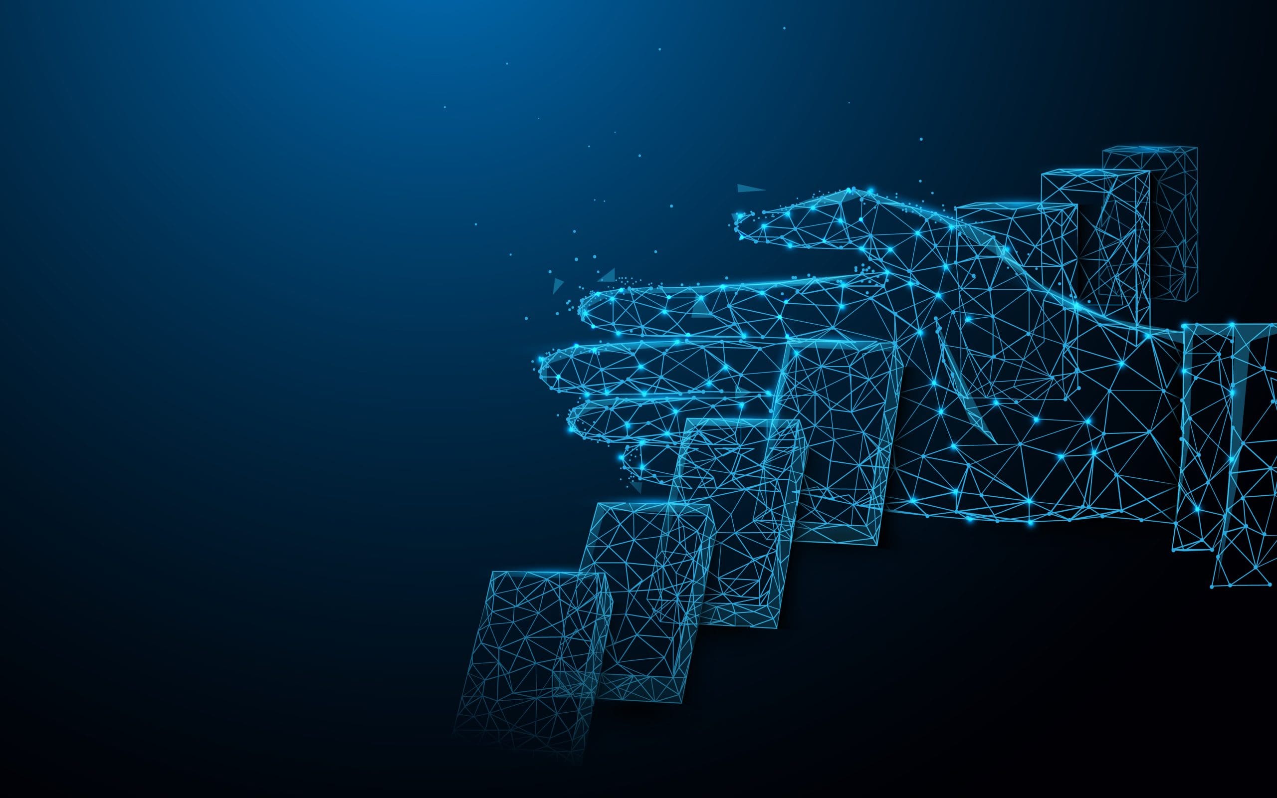 A digital representation of a hand blocking the progress of dominos in a blue line-art style.