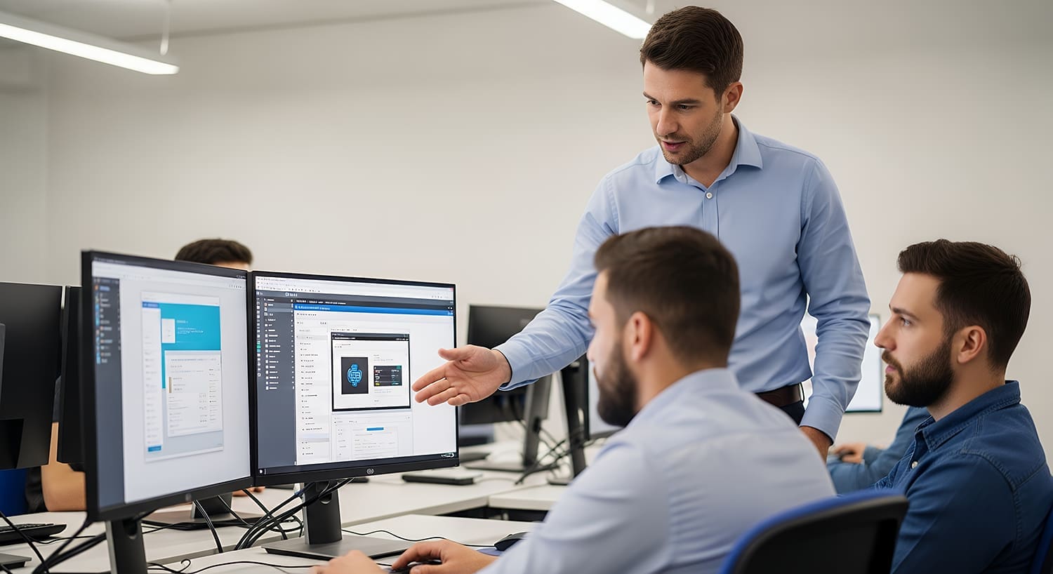IT support specialist guiding colleagues through technical information on a computer screen.
