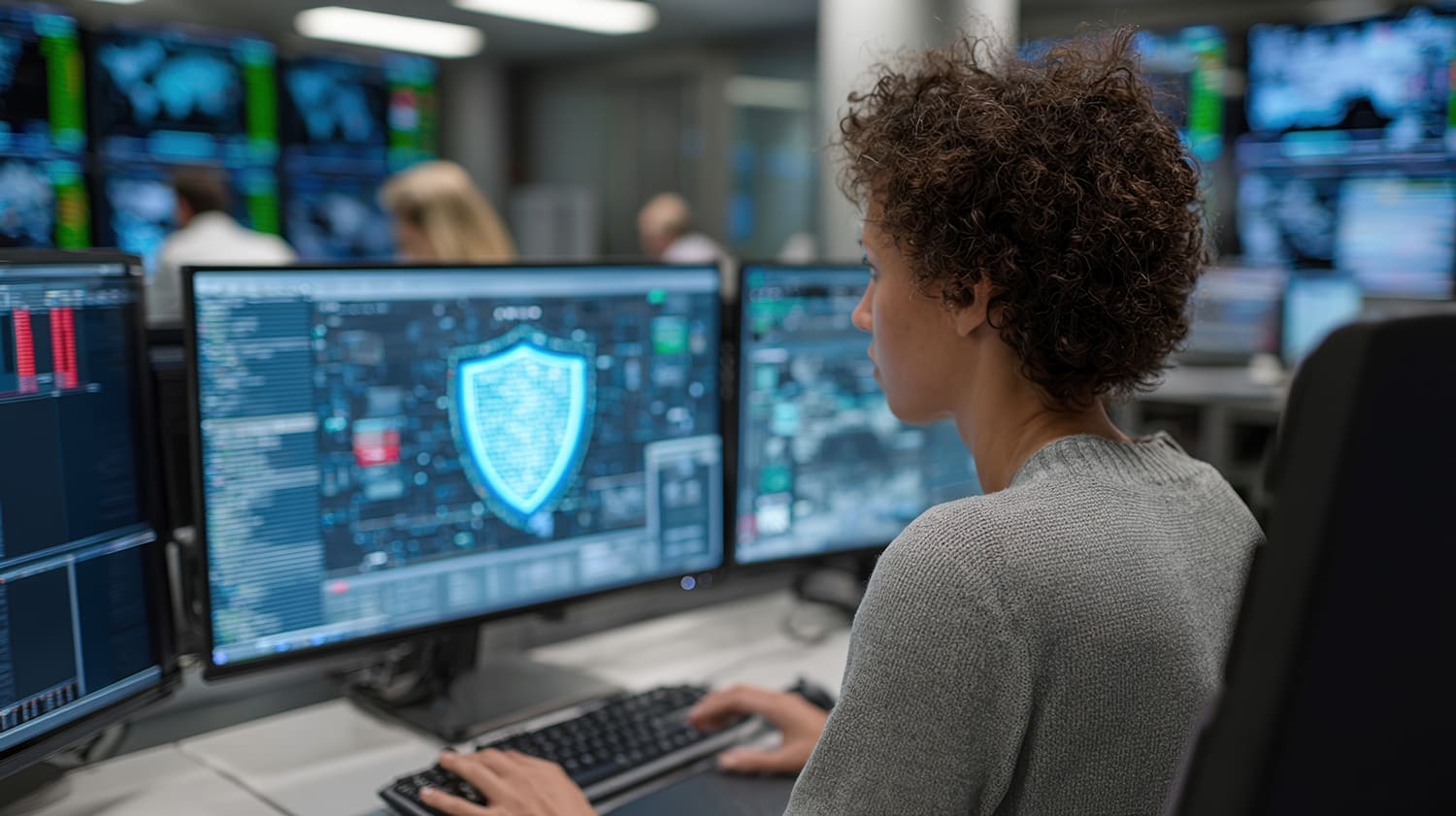 A woman working at multiple monitors showing a shield interface.