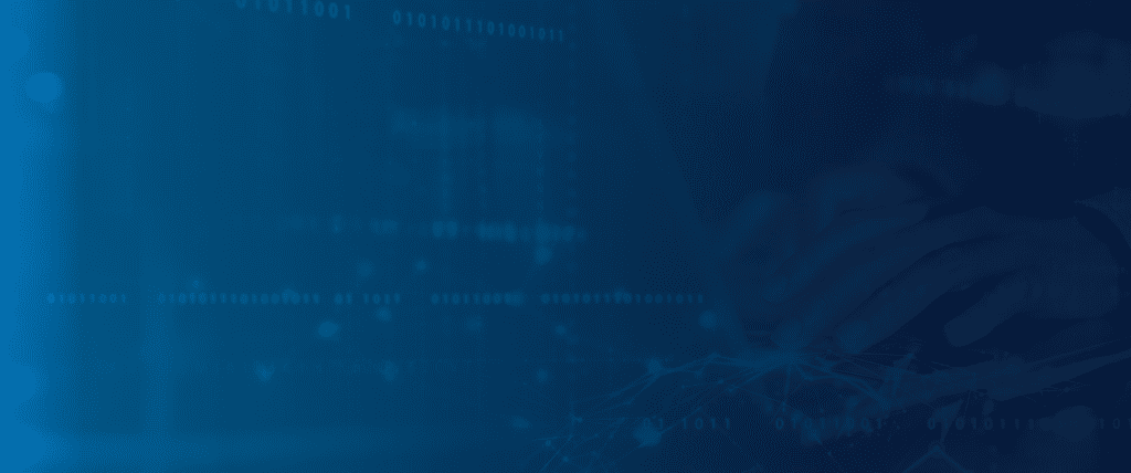 background image of hands typing on computer with binary code
