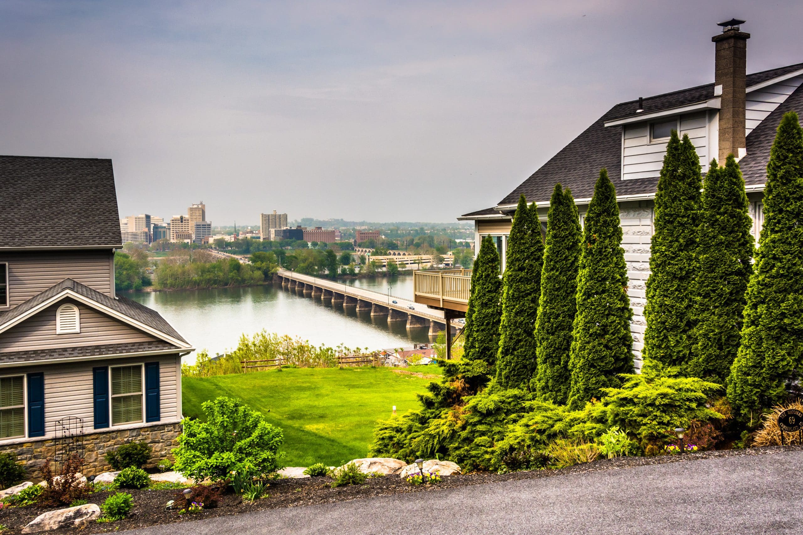 Houses and view of Harrisburg from a hilltop in Lemoyne, PA